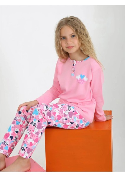 Kız Çocuk Love Me Baklı Uzun Kollu %100 Pamuklu Düğme Detaylı Pijama Takımı 6/9 Yaş