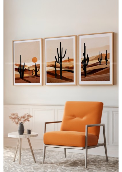 Çöl ve Kaktüs Temalı 3'lü Ahşap Çerçeveli Tablo SETI-21 x 30