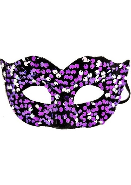 Mor Renk Arkadan Lastikli Pul Payet İşlemeli Balo After Parti Maskesi modelleri
