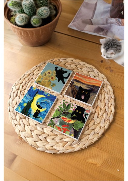 Atölye Sanat ve Kedi Temalı Bardak Altlığı 4’lü Set Doğal Taş (10X10 Cm)