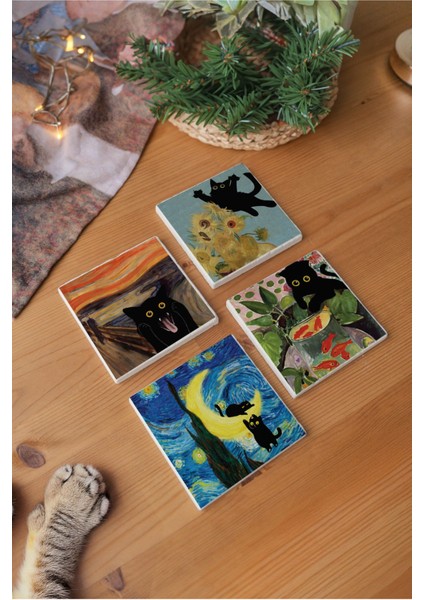 Atölye Sanat ve Kedi Temalı Bardak Altlığı 4’lü Set Doğal Taş (10X10 Cm) fiyatları