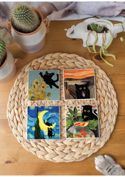 Atölye Sanat ve Kedi Temalı Bardak Altlığı 4’lü Set Doğal Taş (10X10 Cm) modelleri