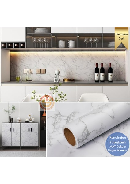 60 x 300 cm Mat Mermer Desenli Kendinden Yapışkanlı Kaplama Mutfak Masa Folyo Beyaz
