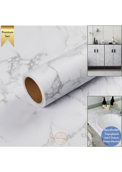 60 x 300 cm Mat Mermer Desenli Kendinden Yapışkanlı Kaplama Mutfak Masa Folyo Beyaz