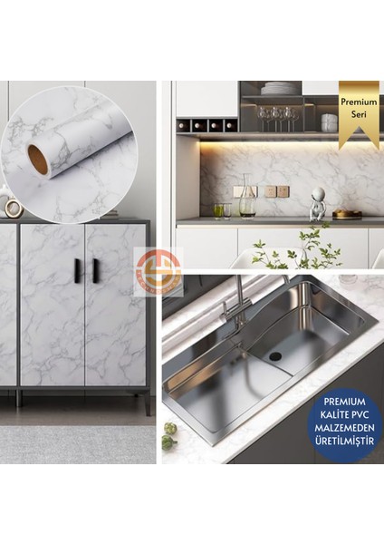 60 x 300 cm Mat Mermer Desenli Kendinden Yapışkanlı Kaplama Mutfak Masa Folyo Beyaz