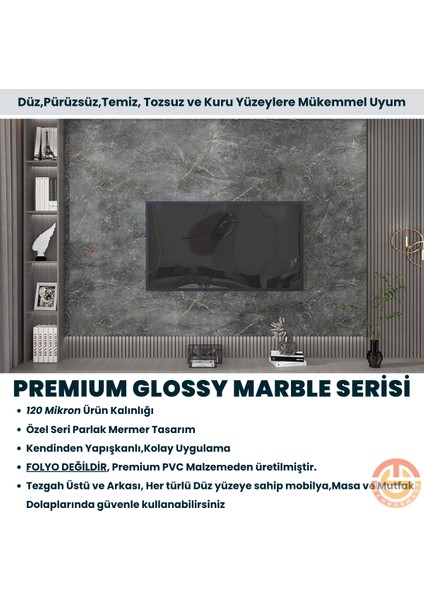 60 x 100 cm Mermer Desen Kendinden Yapışkanlı Kaplama Koyu Gri