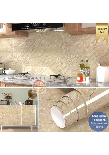 60 x 300 cm Mermer Desen Kendinden Yapışkanlı Kaplama Sarı