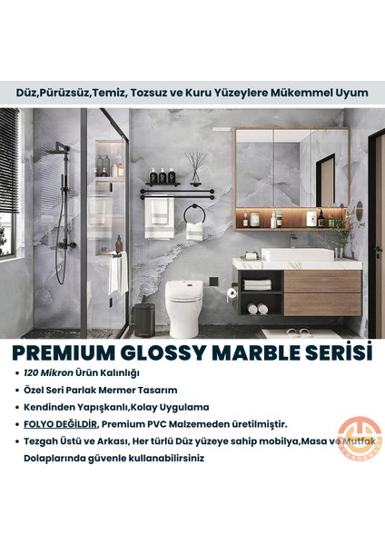 60 x 300 cm Mermer Desen Kendinden Yapışkanlı Kaplama Açık Gri