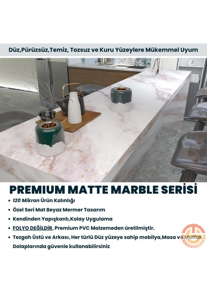 60 x 300 cm Mermer Desen Kendinden Yapışkanlı Duvar Kağıdı Kaplama Mutfak Tezgeh Masa Folyo Beyaz 2