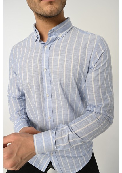 Erkek Gömlek Slim Fit Çizgili Pamuk Keten (Açık Mavi)