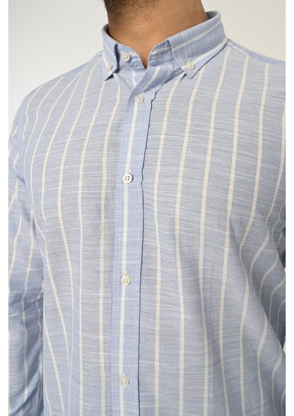 Erkek Gömlek Slim Fit Çizgili Pamuk Keten (Açık Mavi)