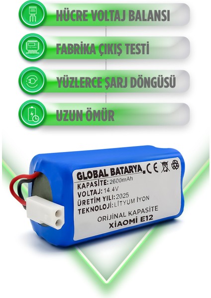 Xiaomi Robot Vacuum E12 Uyumlu Akıllı Robot Süpürge Bataryası 14.4V 2600MAH Pil (Orijinal Kapasite) modelleri