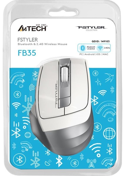 A4 Tech FB35 Beyaz Bluetooth+2.4g Nano Kablosuz Optik 2000 Dpi Mouse