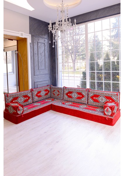 Şark Köşesi Takımı Kırmızı Yahyalı Modeli 9 Parça (20 cm Minder Kalınlığı)