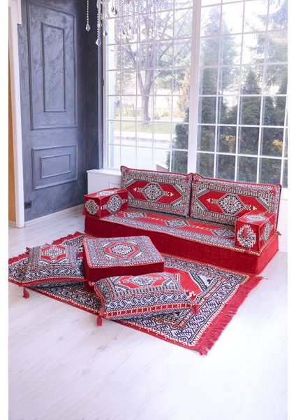 Şark Köşesi Takımı Konsepti Kırmızı Yahyalı Modeli 9 Parça (20 cm Minder Kalınlığı)