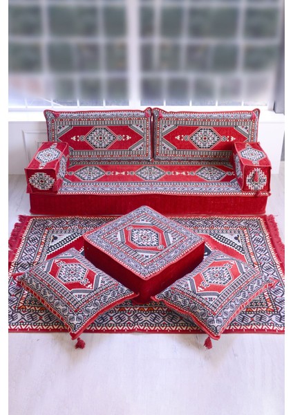 Şark Köşesi Takımı Konsepti Kırmızı Yahyalı Modeli 9 Parça (20 cm Minder Kalınlığı)