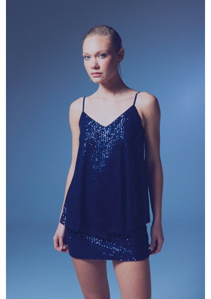 Payet Detaylı Askılı Bluz - Lacivert