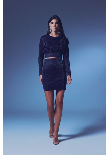 Büzgü Detaylı Simli Bluz - Lacivert fiyatları