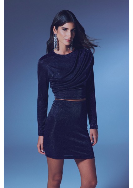 Büzgü Detaylı Simli Bluz - Lacivert fırsatları