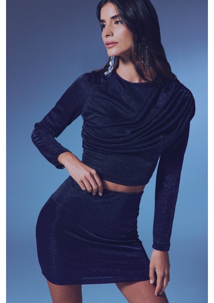 Büzgü Detaylı Simli Bluz - Lacivert indirimleri