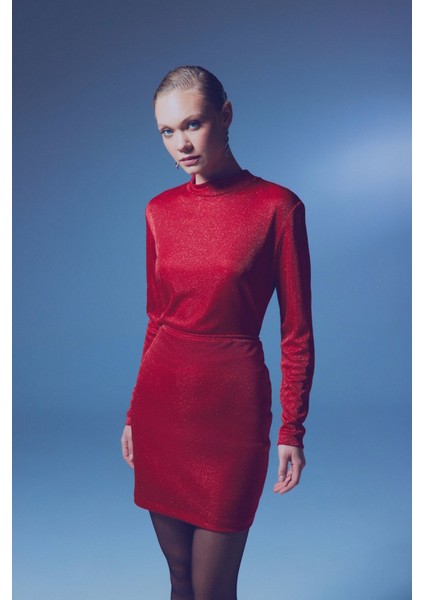 Dik Yaka Simli Bodysuit - Kırmızı