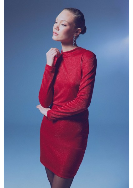 Dik Yaka Simli Bodysuit - Kırmızı fiyatları