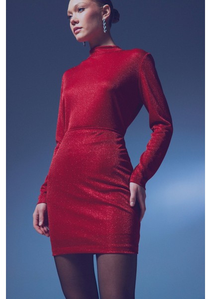 Dik Yaka Simli Bodysuit - Kırmızı fırsatları