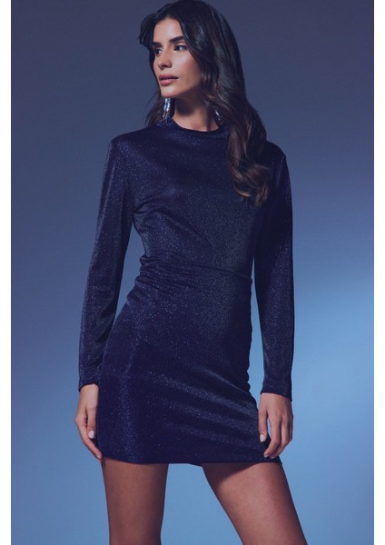 Dik Yaka Simli Bodysuit - Lacivert fırsatları