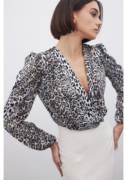 Leopar Desenli Bodysuit - Siyah