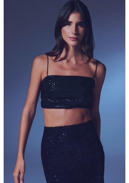 Askılı Payetli Crop Bluz - Siyah fiyatları