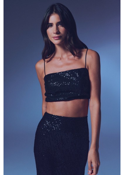 Askılı Payetli Crop Bluz - Siyah modelleri
