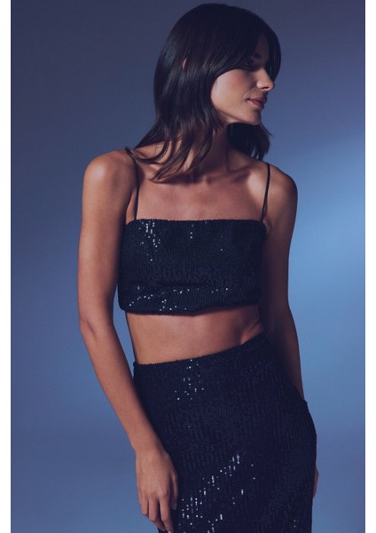 Askılı Payetli Crop Bluz - Siyah fırsatları