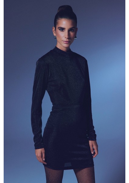 Dik Yaka Simli Bodysuit - Siyah