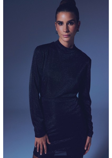 Dik Yaka Simli Bodysuit - Siyah modelleri