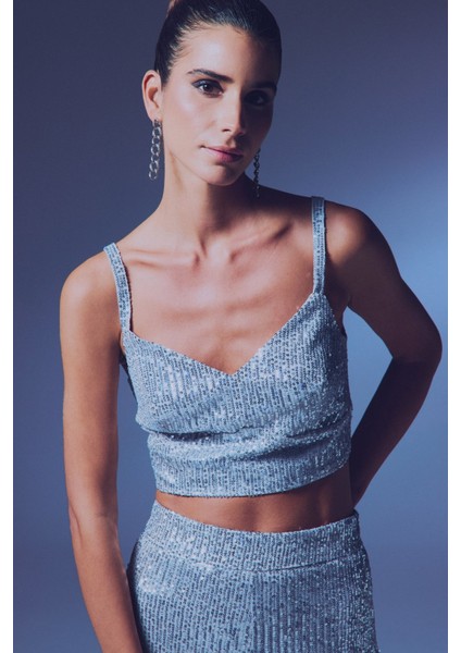 Kalın Askılı Payet Crop - Gri