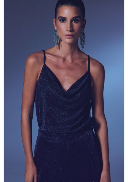 Simli Degaje Yaka Bluz - Lacivert