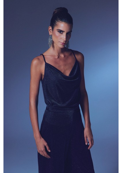 Simli Degaje Yaka Bluz - Lacivert fiyatları