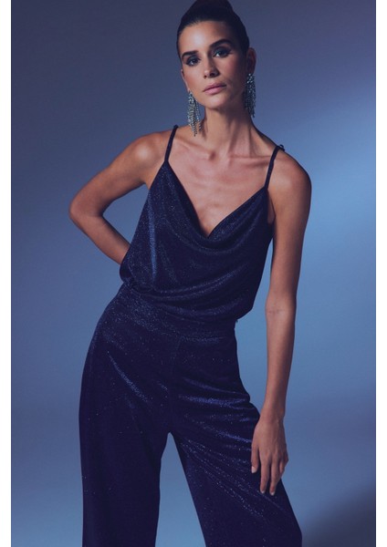 Simli Degaje Yaka Bluz - Lacivert fırsatları