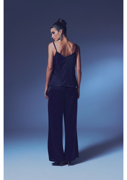 Simli Degaje Yaka Bluz - Lacivert indirimleri