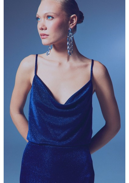 Simli Degaje Yaka Bluz - Sax Mavi