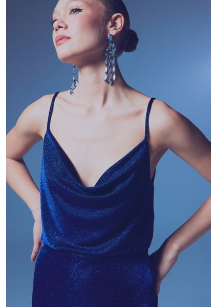 Simli Degaje Yaka Bluz - Sax Mavi indirimleri