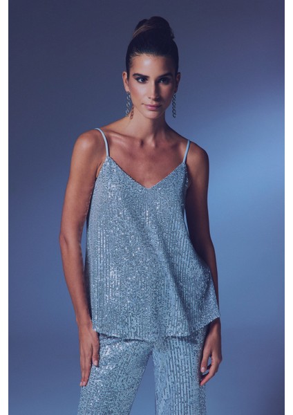 Payet Detaylı Askılı Bluz - Gümüş fiyatları