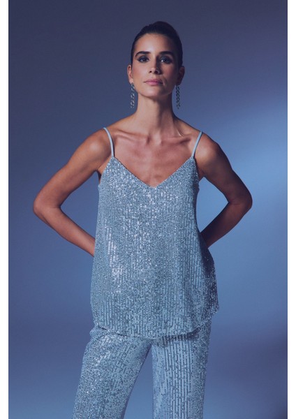 Payet Detaylı Askılı Bluz - Gümüş modelleri