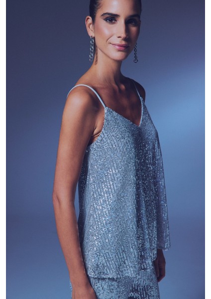 Payet Detaylı Askılı Bluz - Gümüş fırsatları