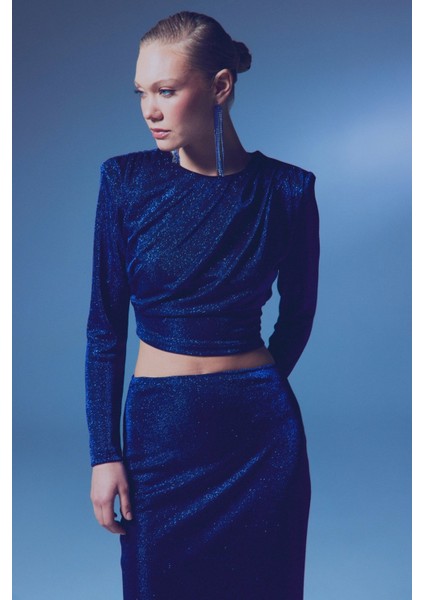 Vatkalı Simli Bluz - Sax Mavi fırsatları