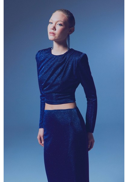 Vatkalı Simli Bluz - Sax Mavi indirimleri