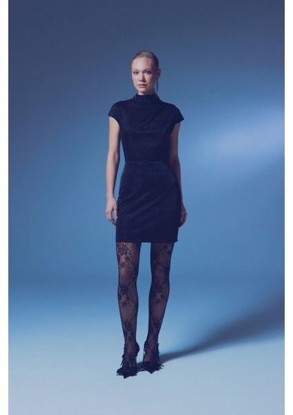 Simli Dik Yaka Bodysuit - Siyah