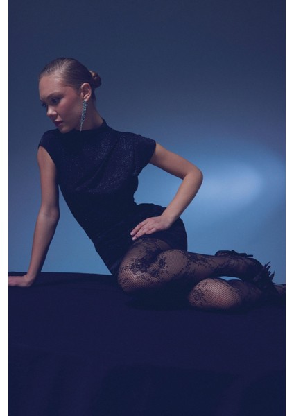 Simli Dik Yaka Bodysuit - Siyah indirimleri