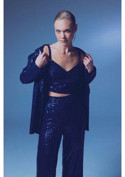 Kalın Askılı Payet Crop - Lacivert