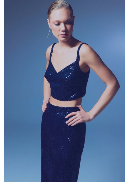 Kalın Askılı Payet Crop - Lacivert fiyatları